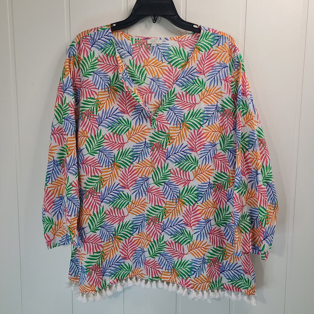 Talbots Tropical Palm Front Tassel Hem Cotton Popover Size XLP Summer Beach